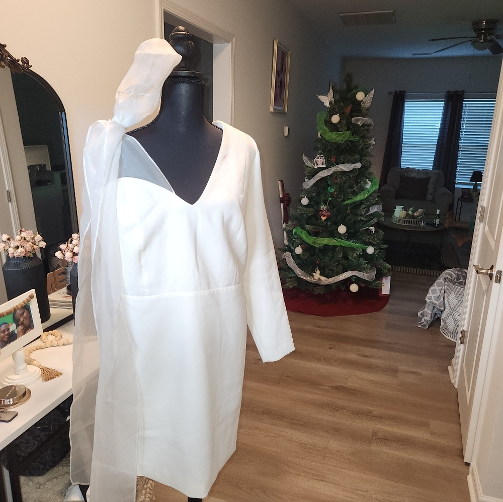 Elegant White Dress with Sheer Shoulder Tie